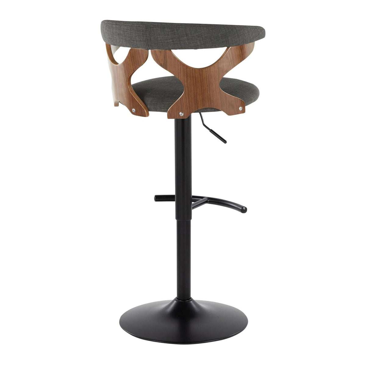 Contemporary adjustable barstool with swivel, gray fabric cushion and curved wood frame on Tampa Home & Garden Store