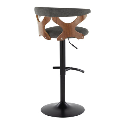Contemporary adjustable barstool with swivel, gray fabric cushion and curved wood frame on Tampa Home & Garden Store