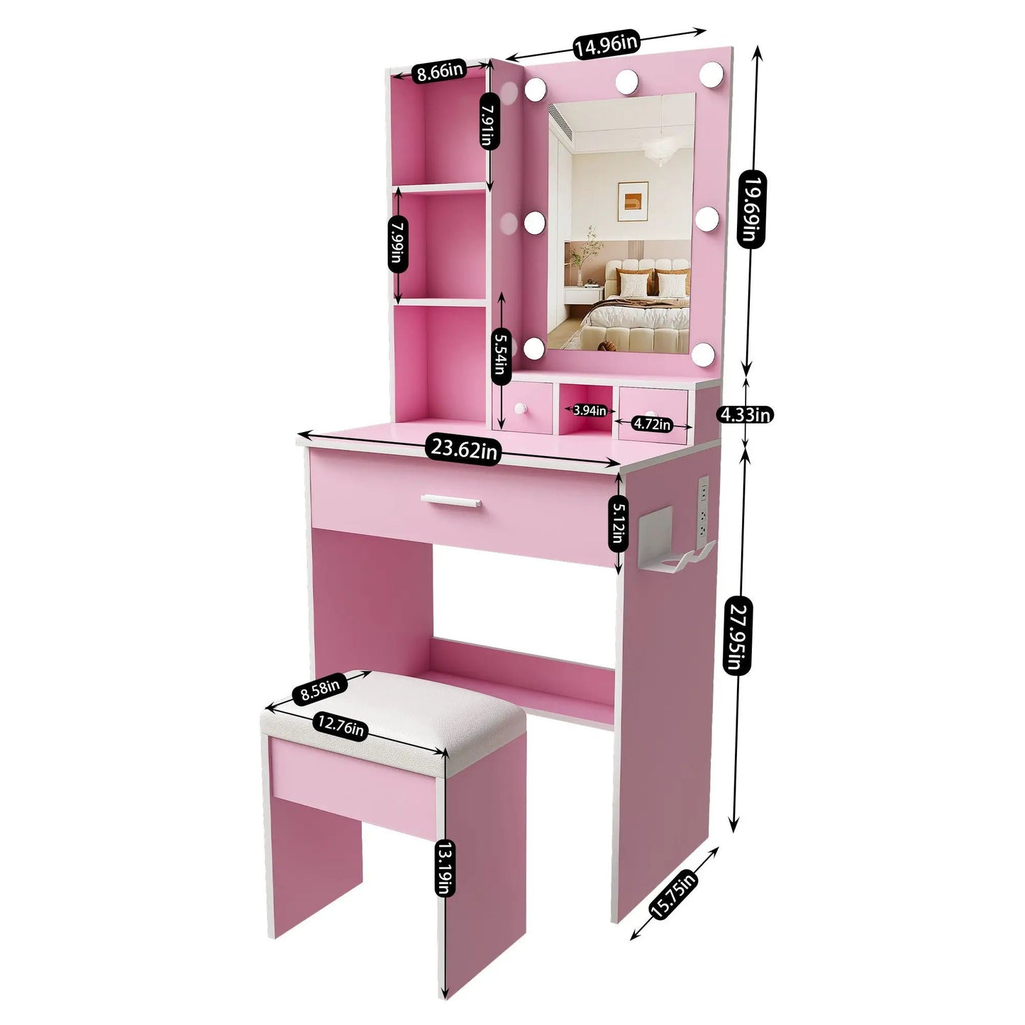 Vanity Table with Mirror and Hairdryer Holder