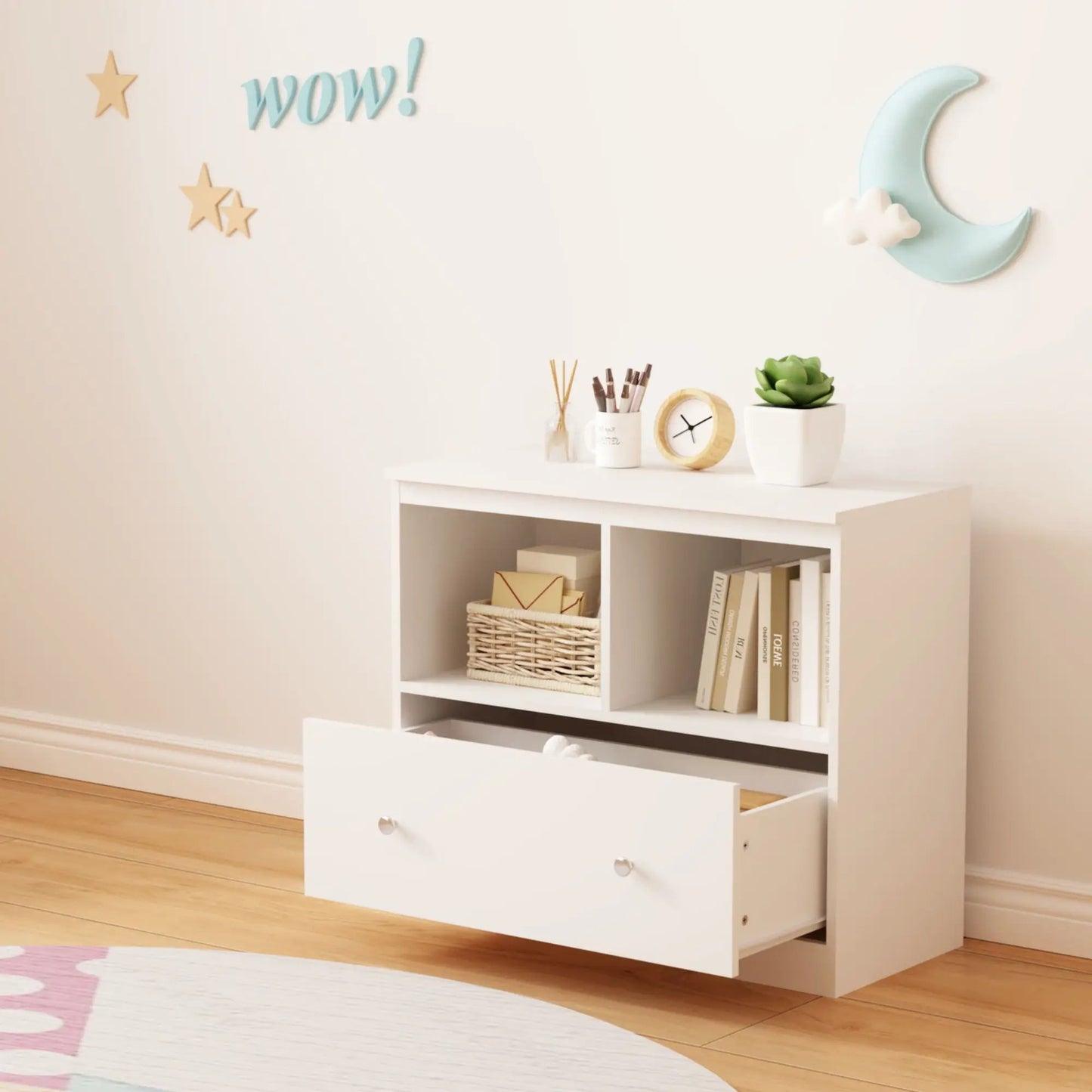 White toy storage organizer with large bottom drawer and open cubbies for nursery playroom on Tampa Home & Garden Store