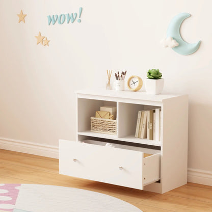 White toy storage organizer with large bottom drawer and open cubbies for nursery playroom on Tampa Home & Garden Store