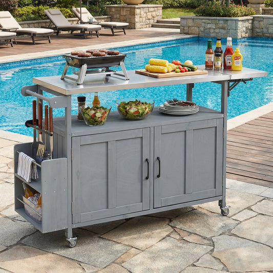Foldable Outdoor Kitchen Island by HouseOfZazla, gray stainless cart with grill on wheels on Tampa Home & Garden Store