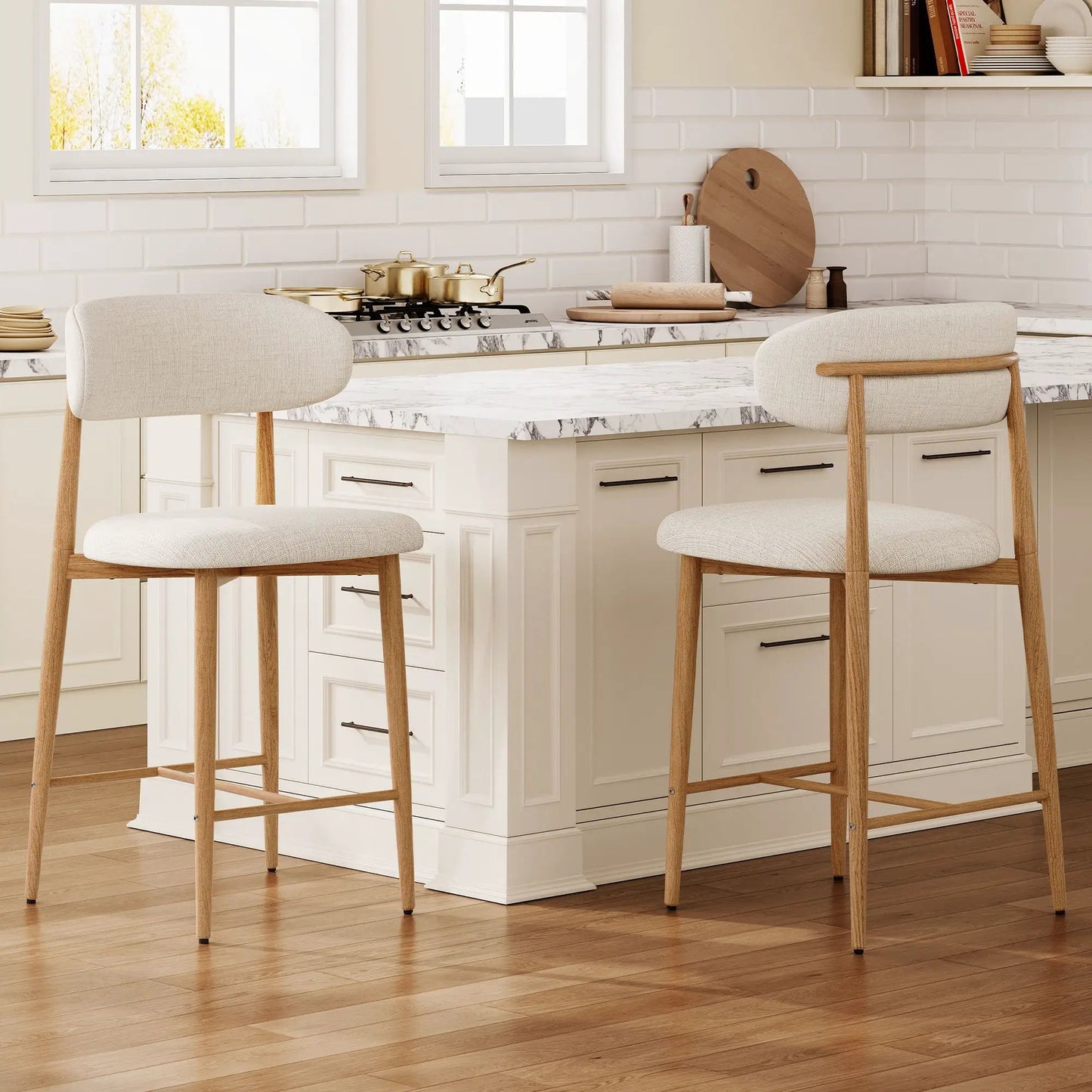 Beige upholstered counter-height bar stools (set of 2) with natural wood legs at kitchen island on Tampa Home & Garden Store