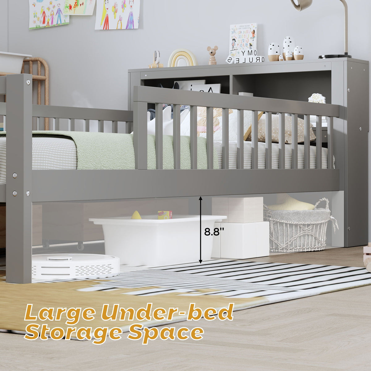 Storage bed by HouseOfZazla gray with headboard storage rack and two under-bed drawers on Tampa Home & Garden Store
