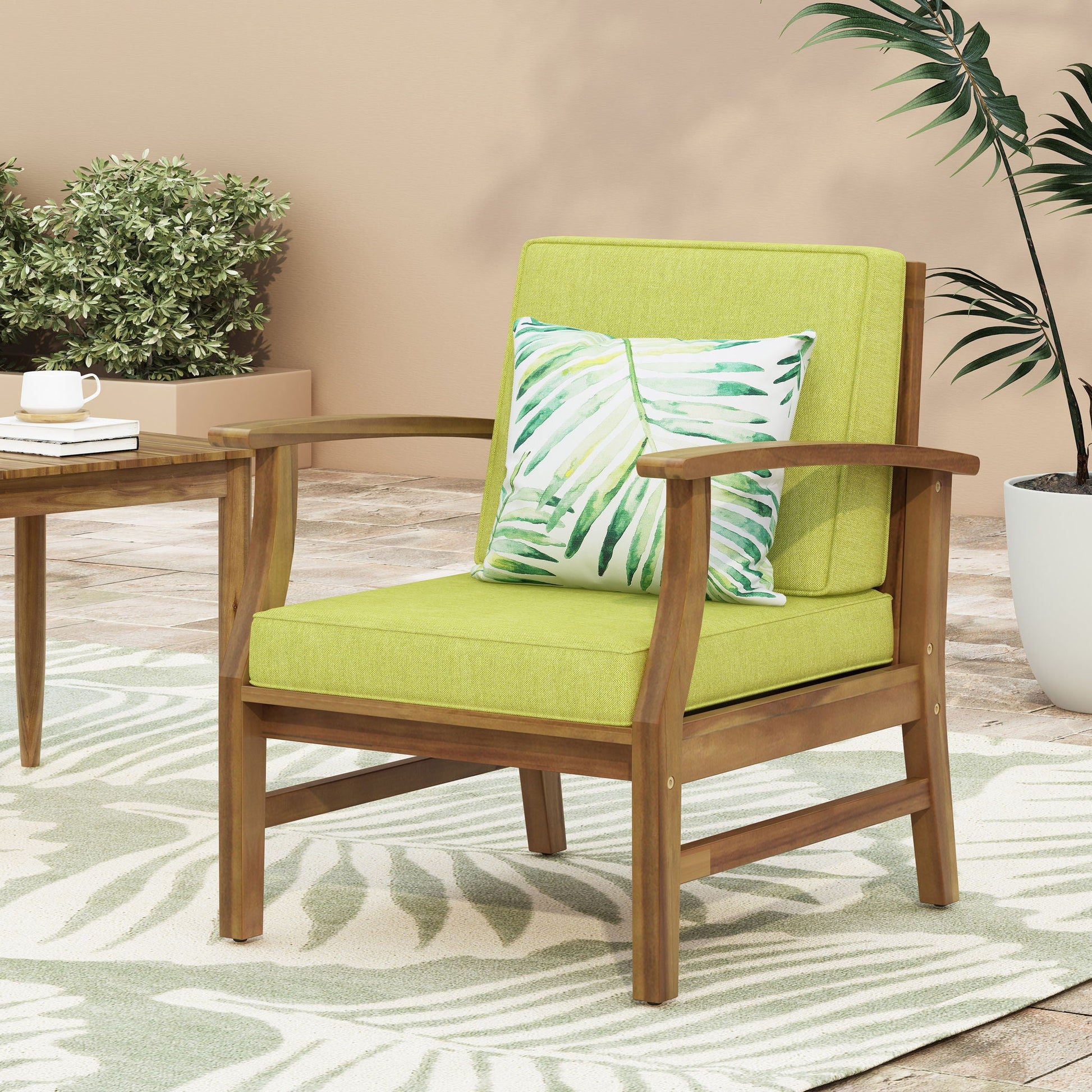 Perla Contemporary Club Chair outdoor arm chair with water resistant cushion, lime green fabric and wooden frame on Tampa Home & Garden Store
