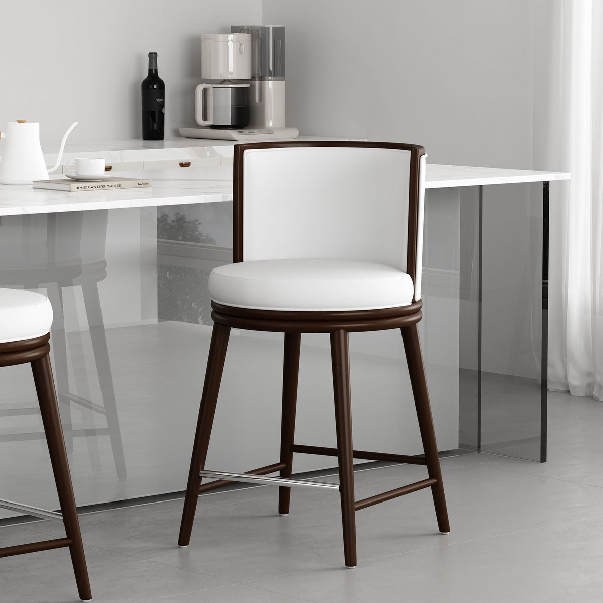 Evalyn Counter Stool, white upholstered seat on brown wood frame, chrome footrest, set of 2 on Tampa Home & Garden Store
