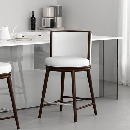 Evalyn Counter Stool, white upholstered seat on brown wood frame, chrome footrest, set of 2 on Tampa Home & Garden Store