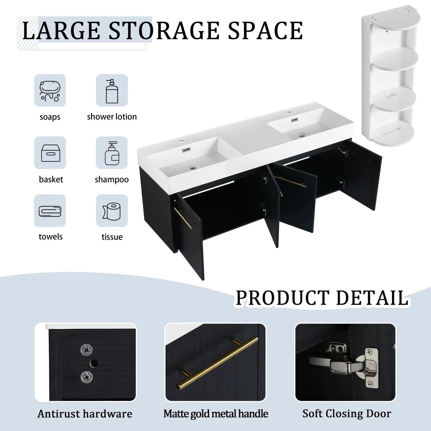 Modern Wall Mounted Vanity Resin Sink and Rack