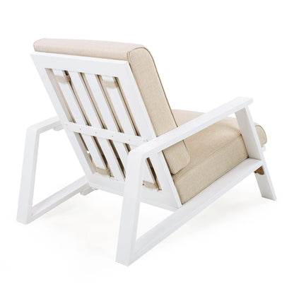 Outdoor lounge chair with beige cushion on a white wooden frame on Tampa Home & Garden Store
