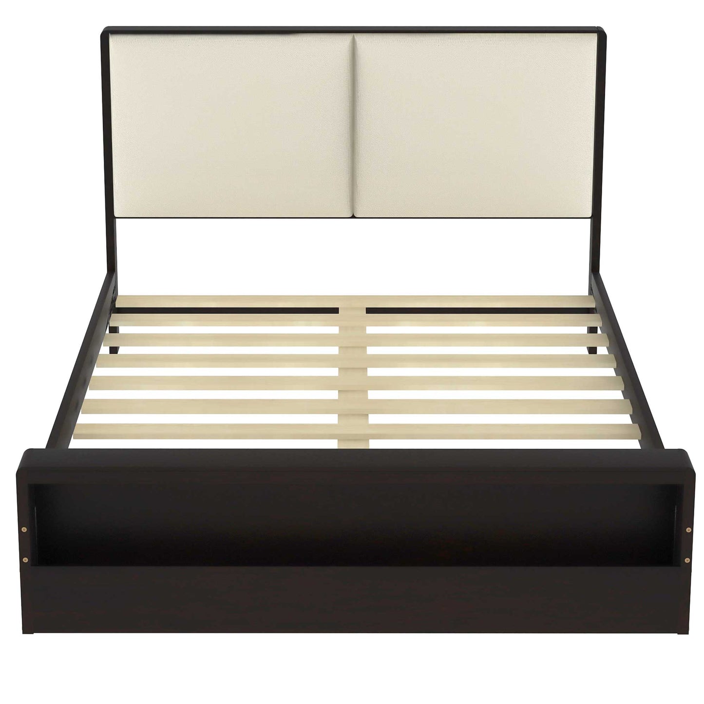 Queen Size Platform Bed Frame with Upholstery Headboard and Bookshelf in Footboard and LED Light Strips, Espresso - Tampa Home & Garden Store