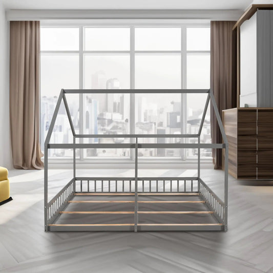 Twin-size gray metal house platform bed frame for two beds with wood slat base on Tampa Home & Garden Store