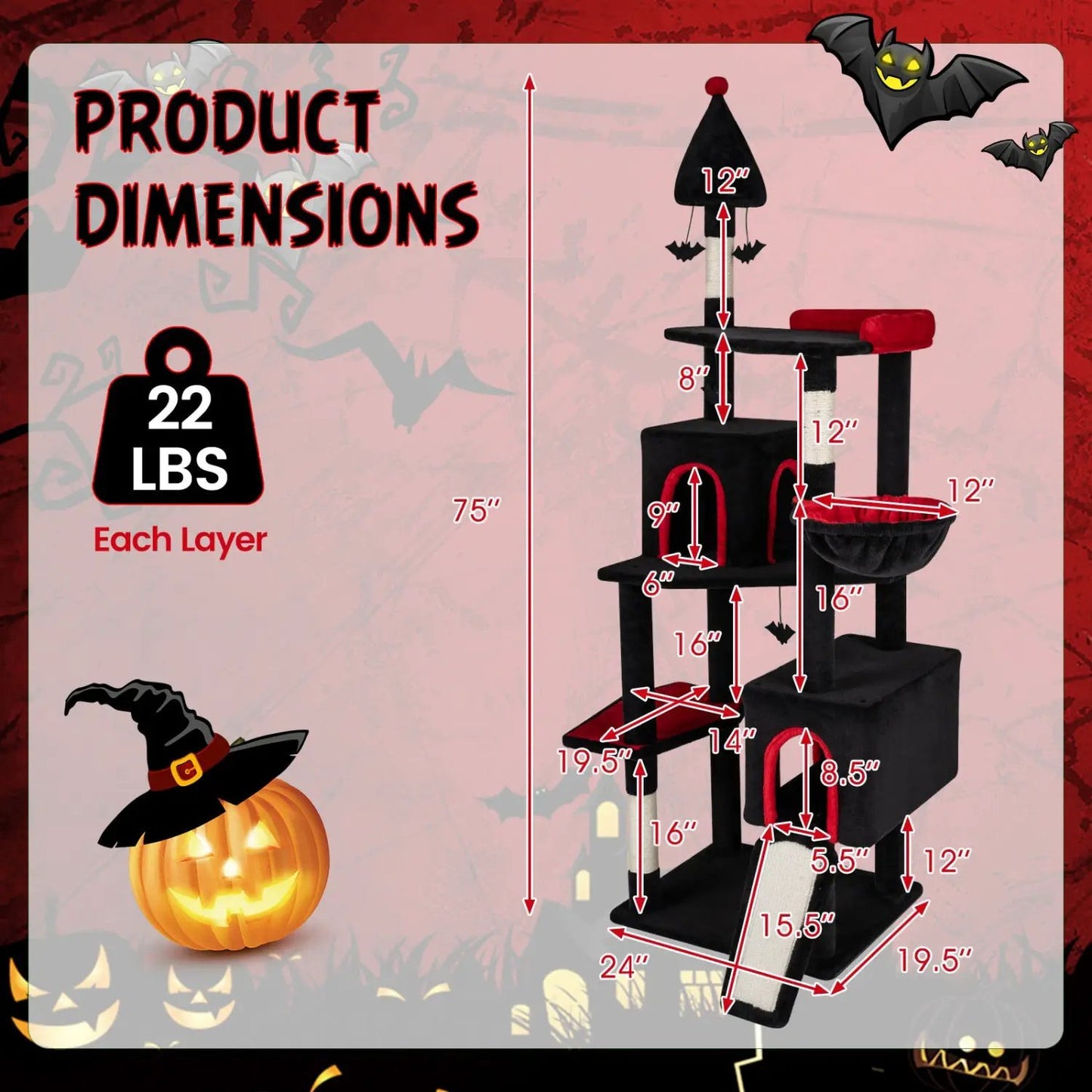 Gothic Cat Tree 75 Inch With 2 Condos Top Perch