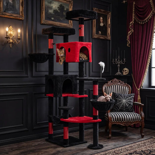 Gothic Cat Tree 75 Inch with Dual Perches and DirectDeals black and red plush cat condo on Tampa Home & Garden Store