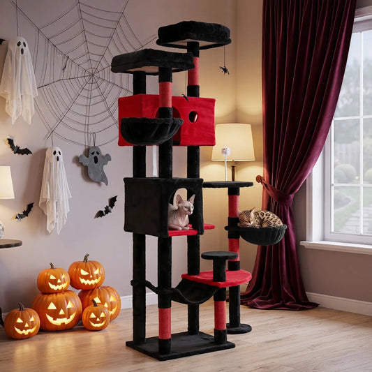 Gothic Cat Tree 75 Inch by DirectDeals with dual red and black perches and houses, 2 cats on Tampa Home & Garden Store