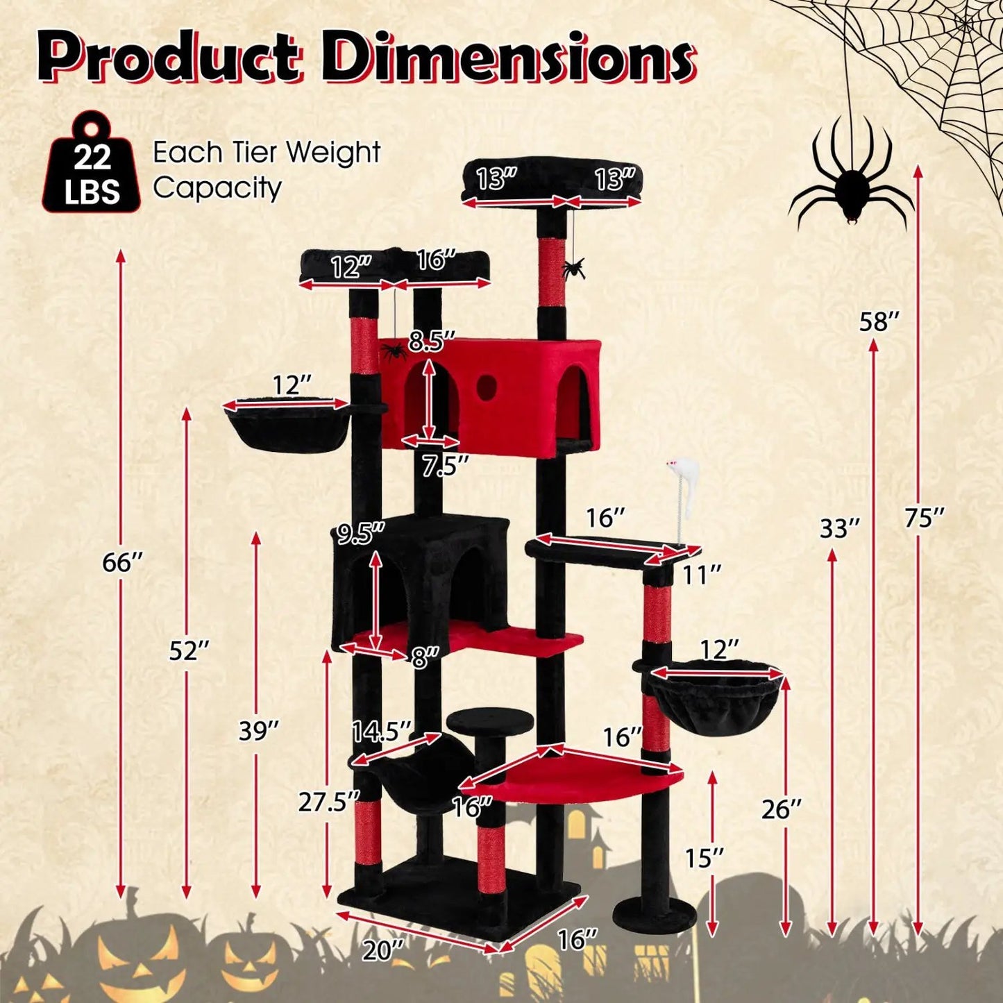 Gothic Cat Tree 75 Inch with Dual Perches