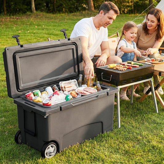 GemGear 75-Quart portable hard cooler with wheels, open lid reveals beverages outdoors on Tampa Home & Garden Store