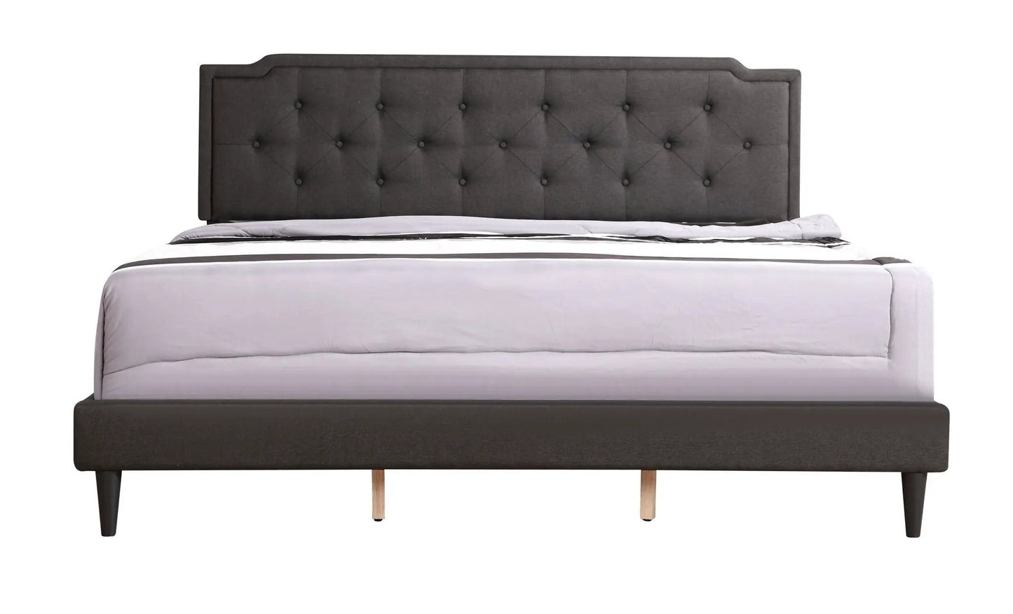 Button tufted upholstered bed in charcoal gray fabric with diamond headboard and wood legs on Tampa Home & Garden Store