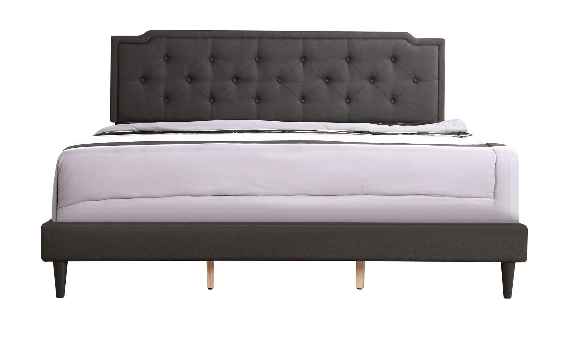 Button tufted upholstered bed in charcoal gray fabric with diamond headboard and wood legs on Tampa Home & Garden Store