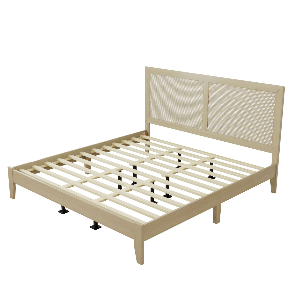 Solid Wood California King Platform Bed with Rattan Headboard Panels, HouseOfZazla on Tampa Home & Garden Store