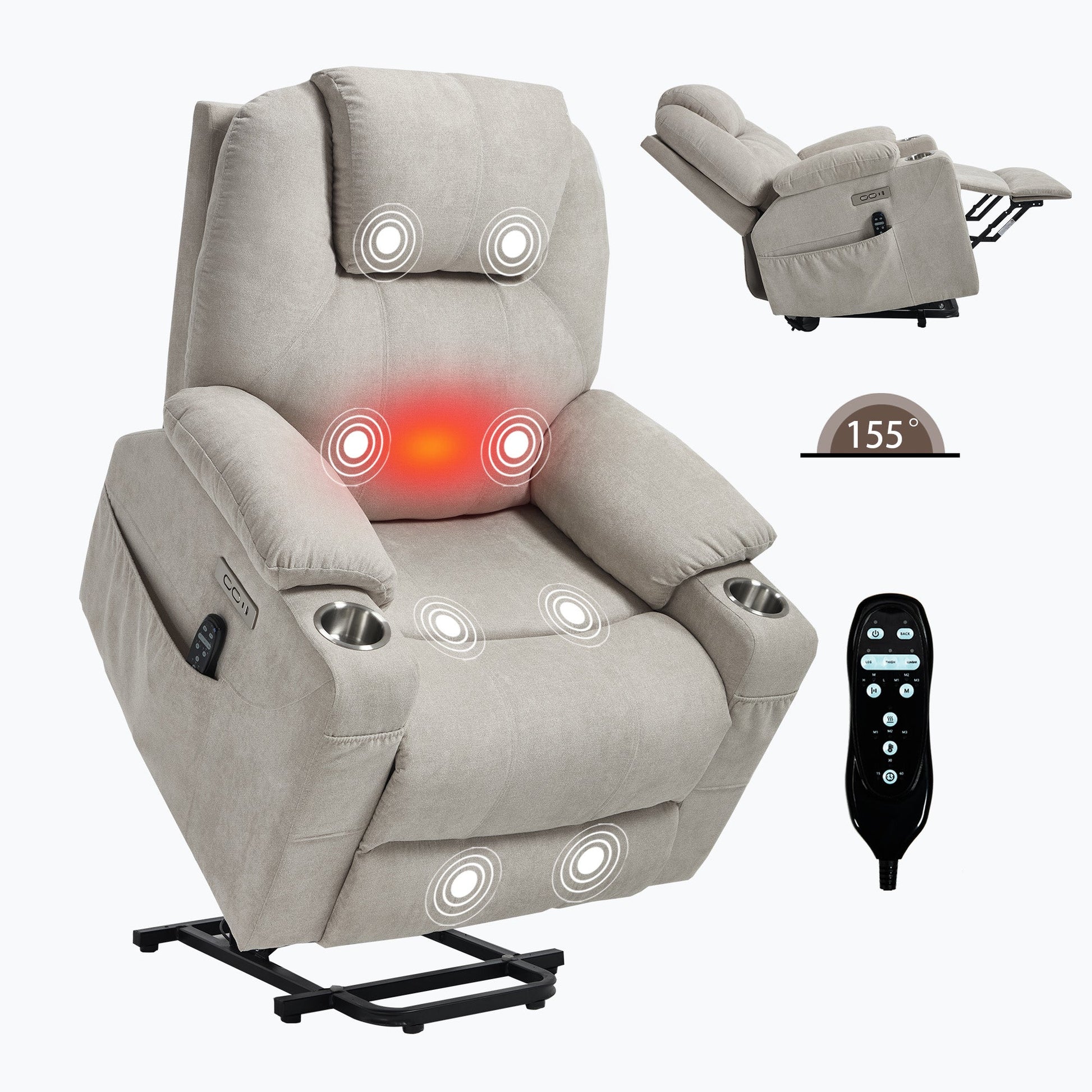 Premium power lift recliner with massage by HouseOfZazla beige upholstery remote and cup holders on Tampa Home & Garden Store
