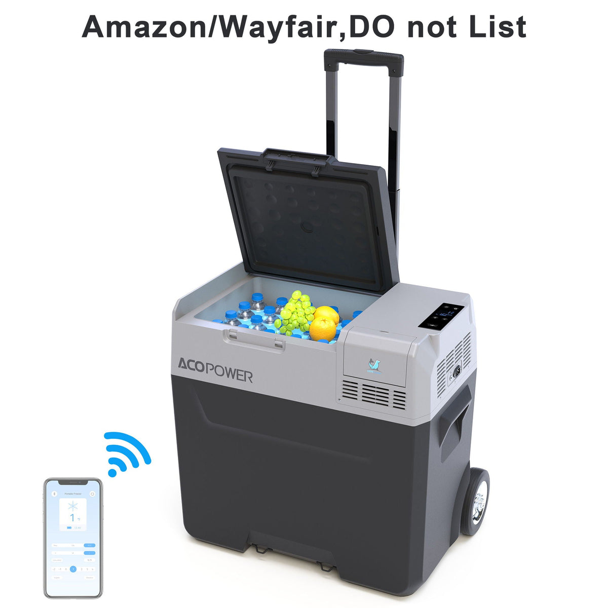 ACOPOWER portable freezer with open lid, gray/black body, app control and 6'' off-road wheels on Tampa Home & Garden Store