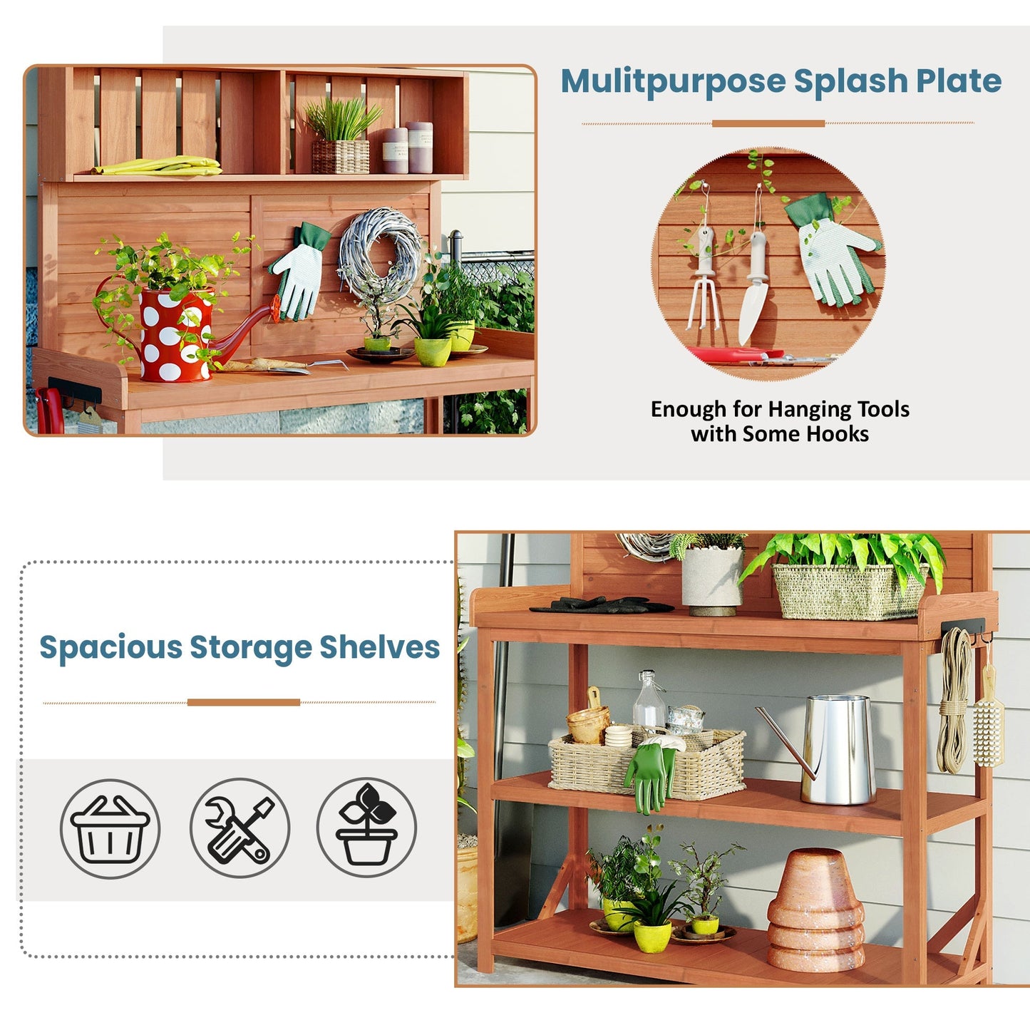 TOPMAX 65' Large Wooden Farmhouse Outdoor Potting Bench by HouseOfZazla with storage shelves on Tampa Home & Garden Store