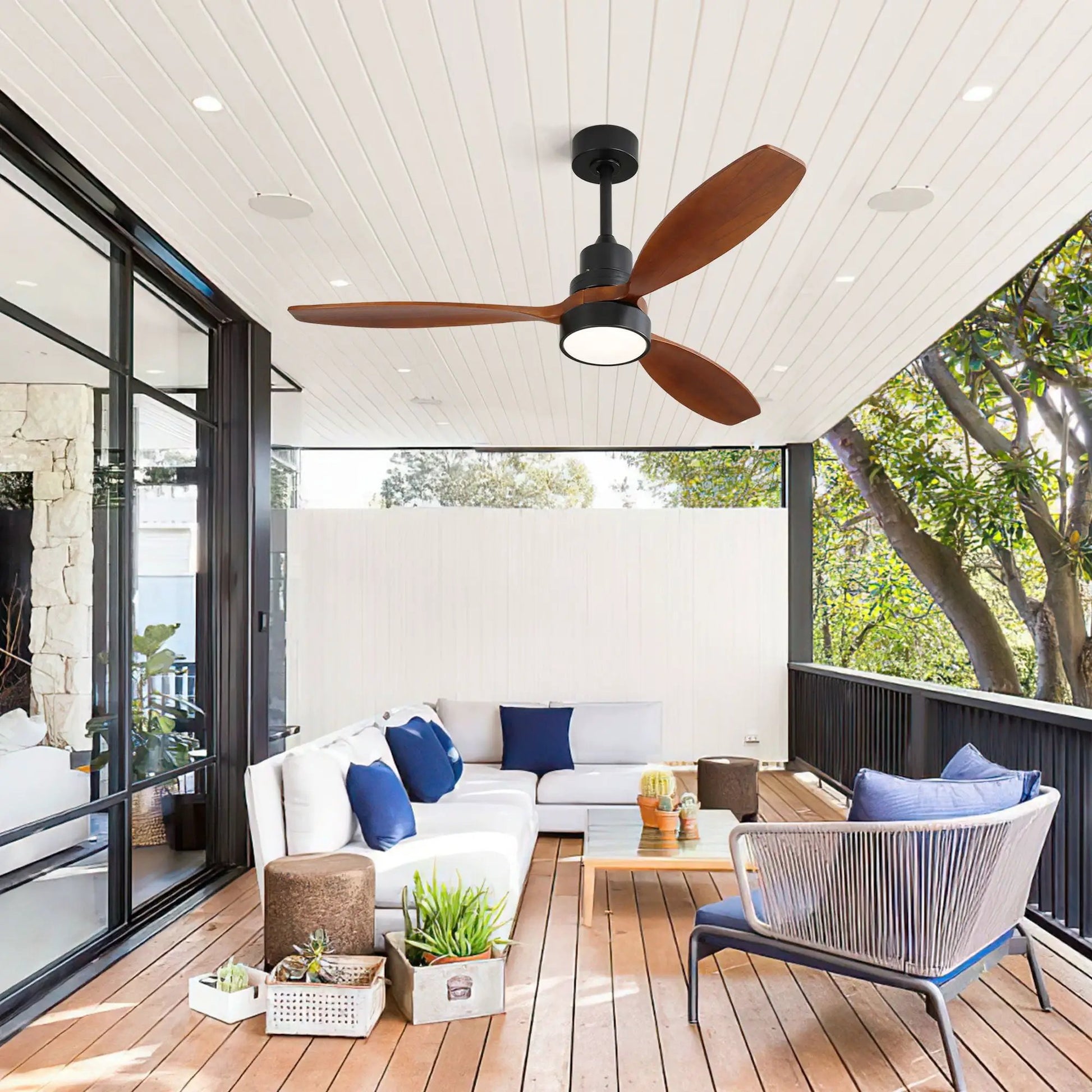 Ceiling fan with DC motor by Unique Piece Furniture, black housing and solid wood blades on Tampa Home & Garden Store