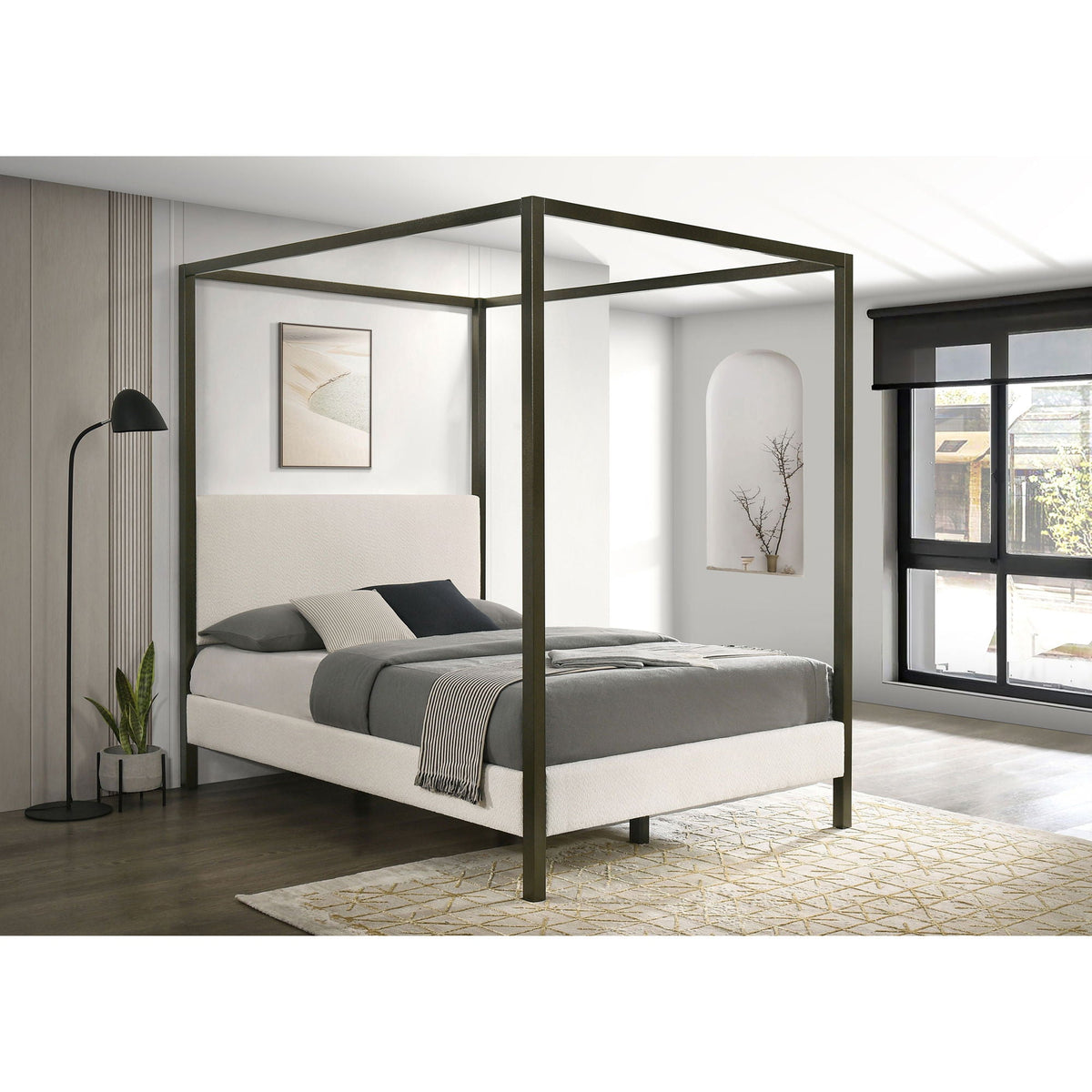 Mellie canopy bed by HouseOfZazla in dark bronze metal with gray upholstered headboard on Tampa Home & Garden Store