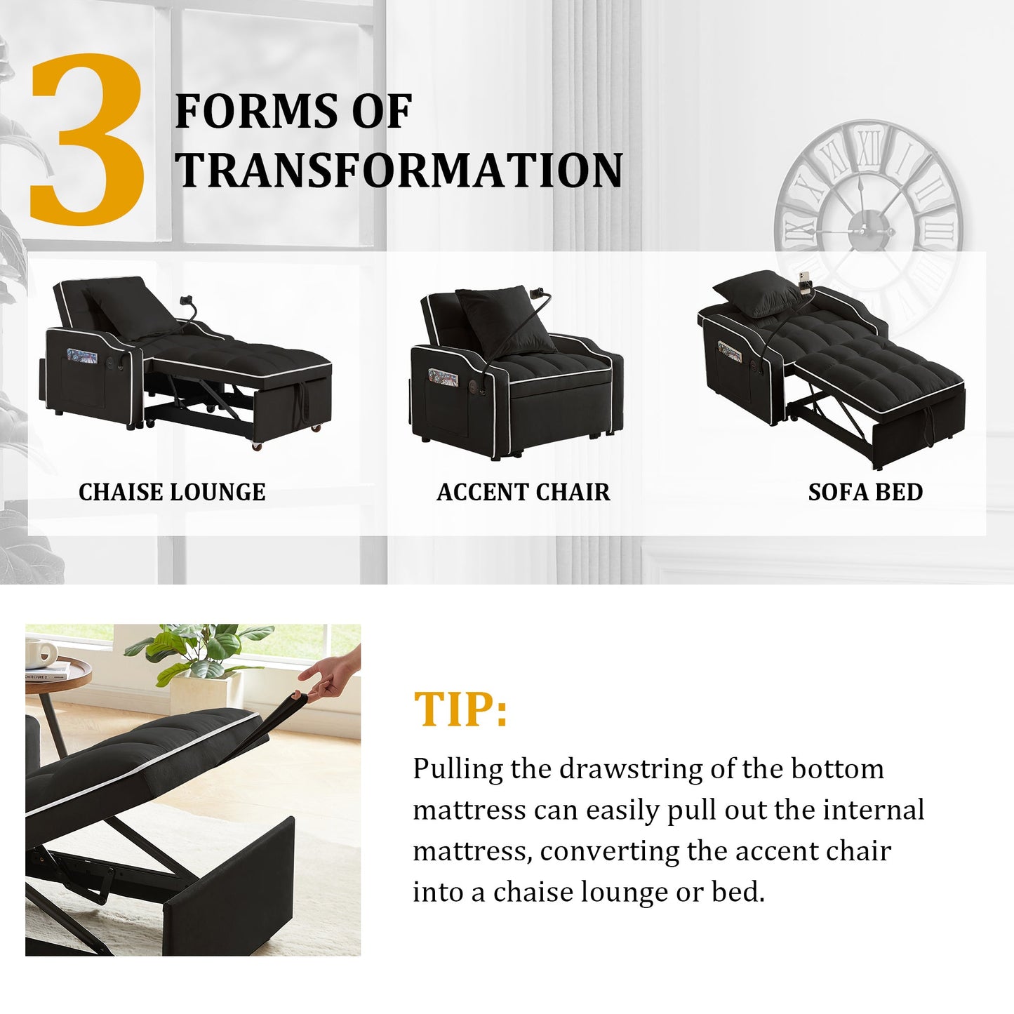 Modern 3 in 1 Convertible Sofa and Chair Bed Set