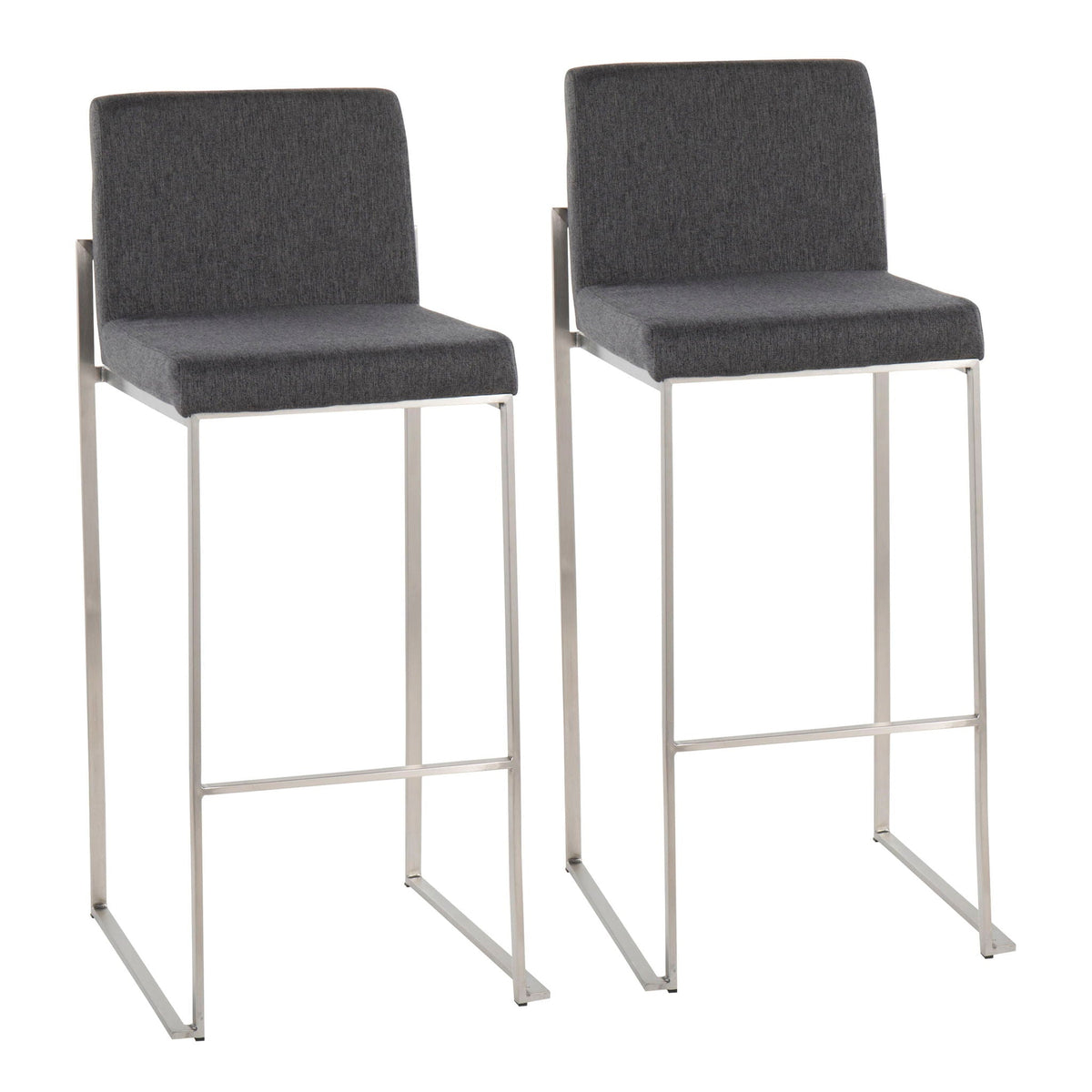 Contemporary high-back barstool set with dark gray upholstered seats and chrome frames, 2 stools on Tampa Home & Garden Store