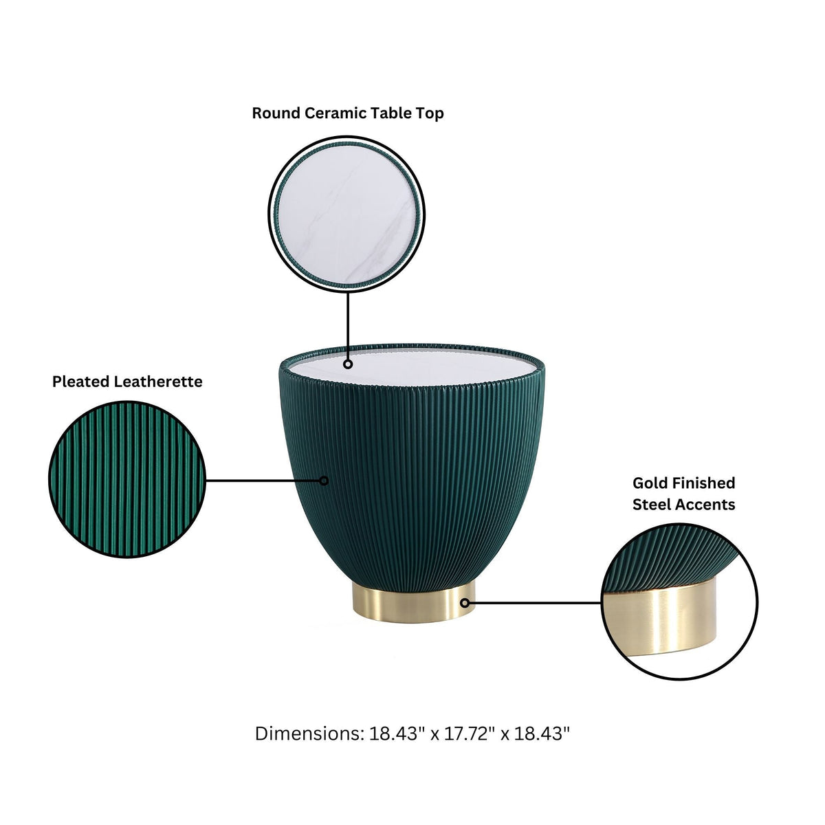 Upholstered End Table with Round Ceramic Top emerald green pleated leatherette, teal rim on Tampa Home & Garden Store