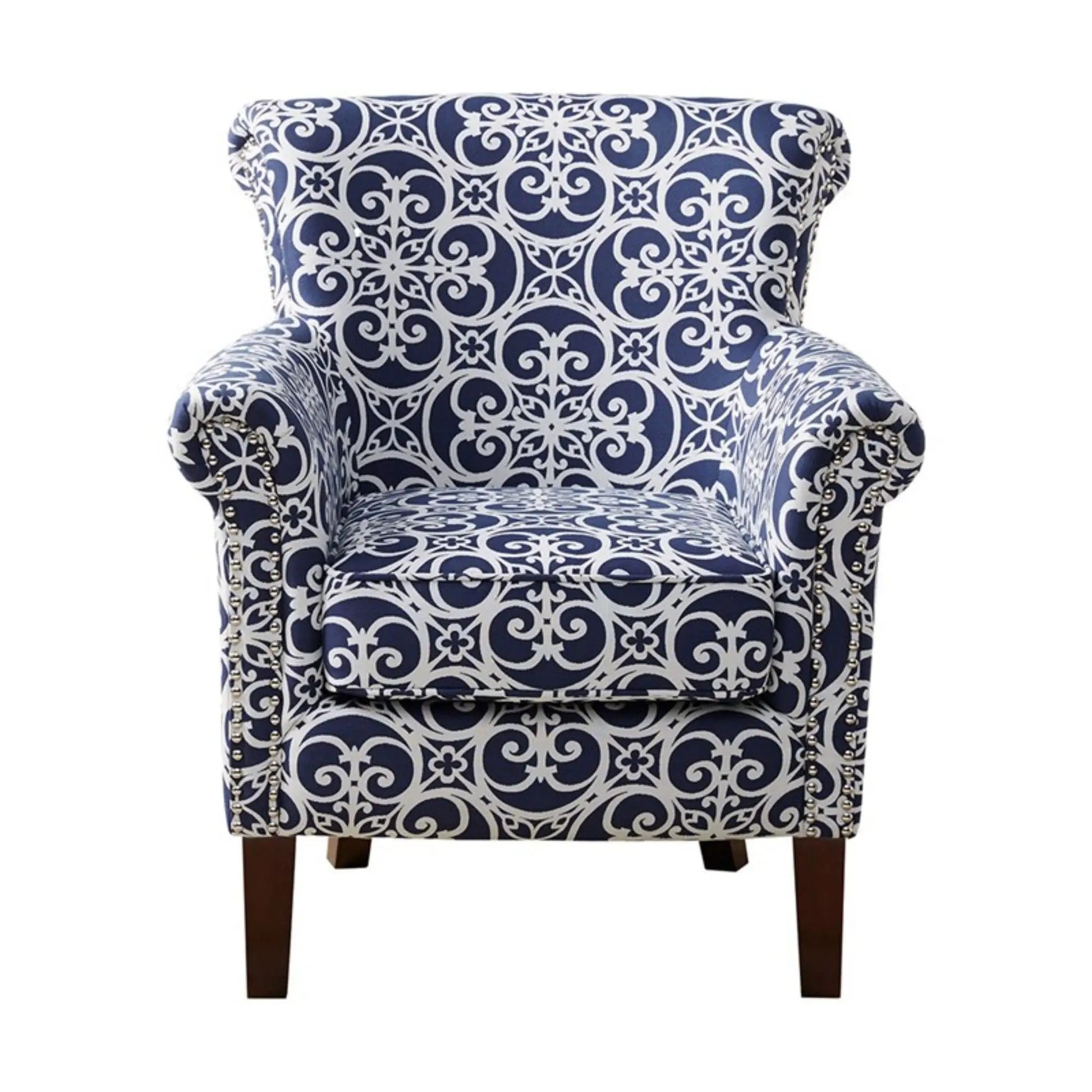 Brooke Tight Back Club Chair navy trellis upholstery with nailhead trim and dark wood legs on Tampa Home & Garden Store