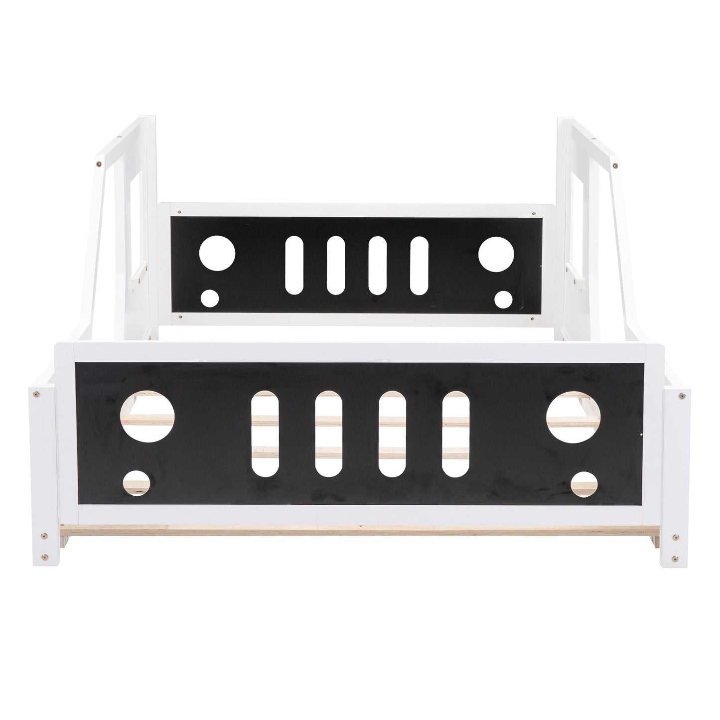 Classic car shaped platform bed with white frame and black panel with circular cutouts on Tampa Home & Garden Store