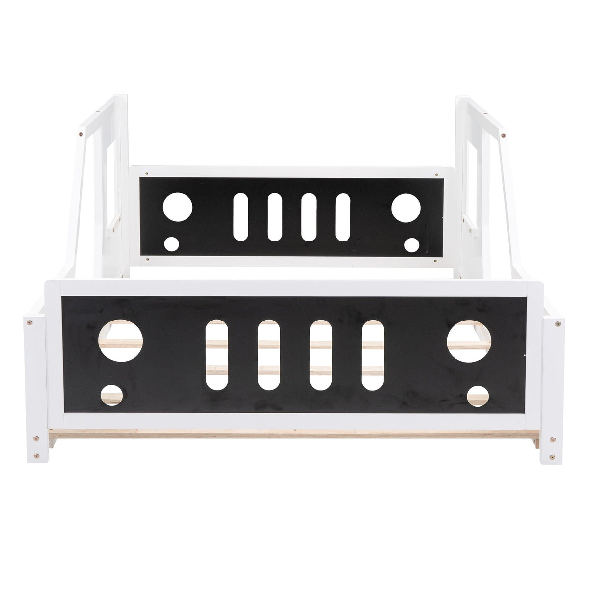 Classic car shaped platform bed with white frame and black panel with circular cutouts on Tampa Home & Garden Store