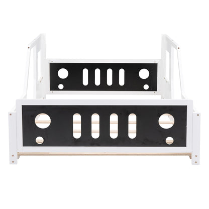 Classic car shaped platform bed with white frame and black panel with circular cutouts on Tampa Home & Garden Store