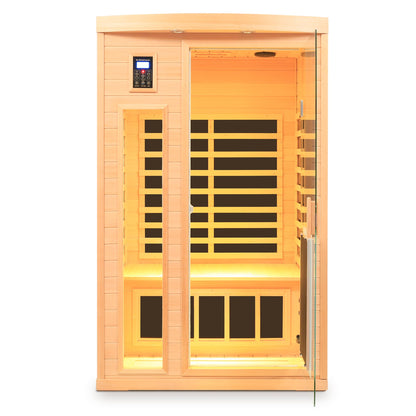 Hemlock wood low-EMF two-person infrared sauna with glass door and Bluetooth control on Tampa Home & Garden Store