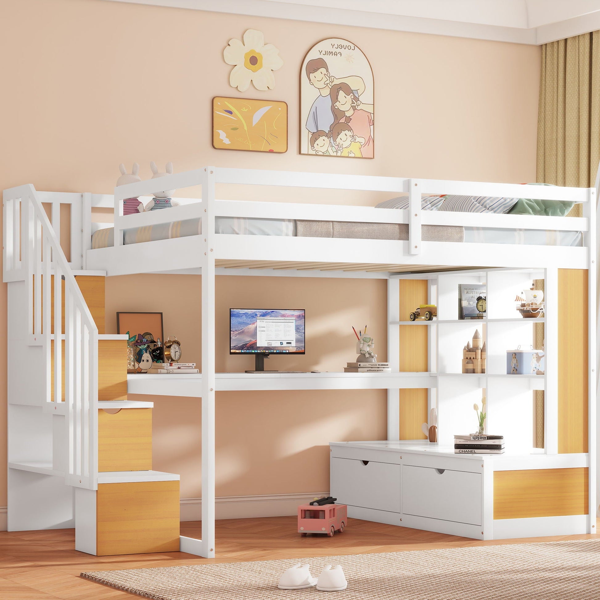Full size loft bed with desk and shelves, white frame with wood drawers and stairs on Tampa Home & Garden Store