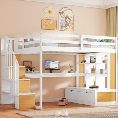 Full size loft bed with desk and shelves, white frame with wood drawers and stairs on Tampa Home & Garden Store