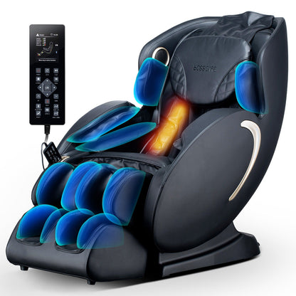 Bosscare 3D Zero Gravity Massage Chair with Shiatsu, black leather recliner and blue calf pads on Tampa Home & Garden Store