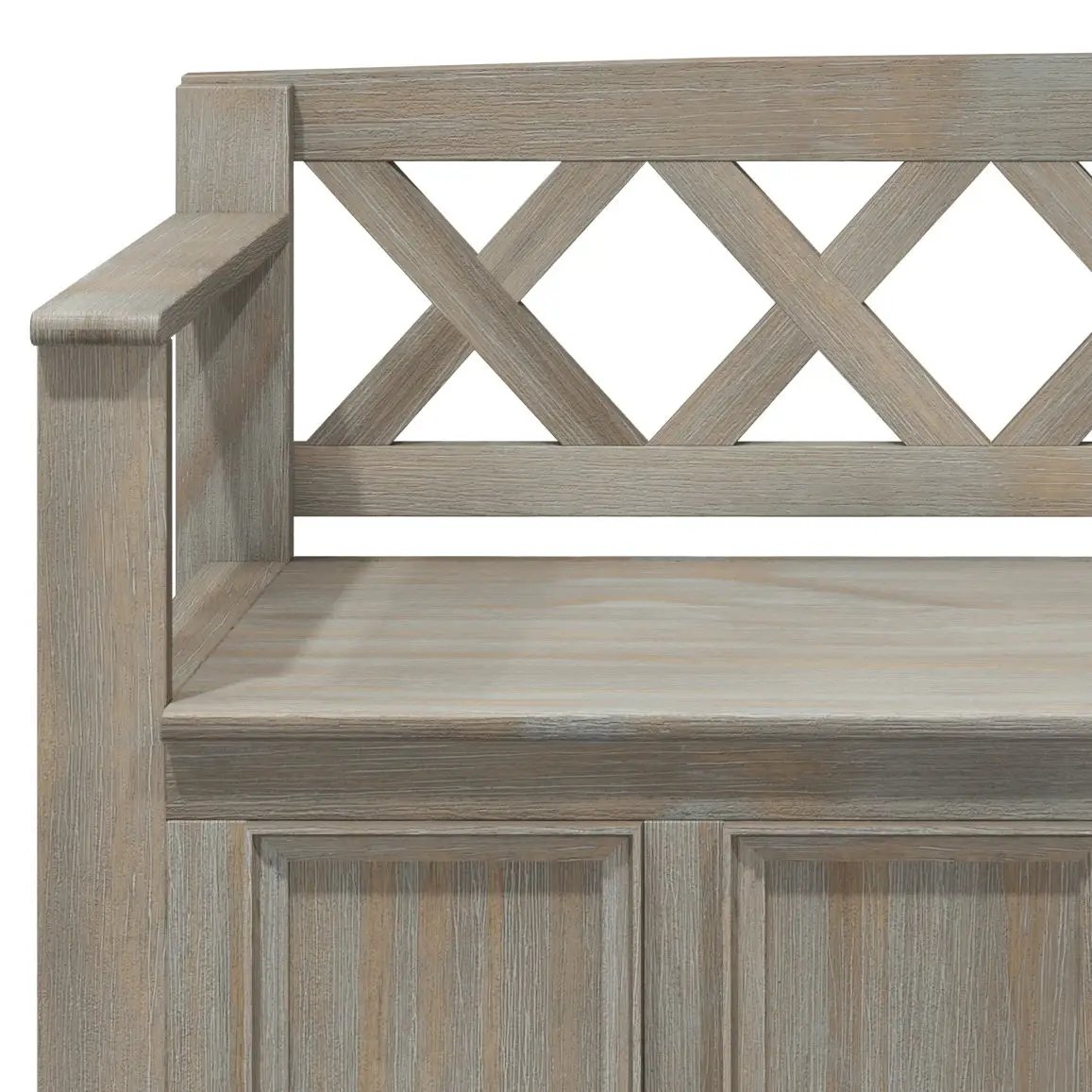 Amherst Handcrafted Entryway Storage Bench in weathered gray wood with cross lattice back on Tampa Home & Garden Store