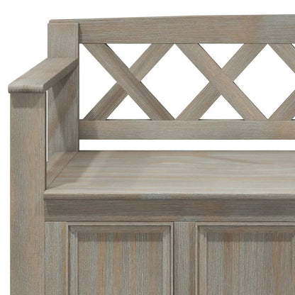 Amherst Handcrafted Entryway Storage Bench in weathered gray wood with cross lattice back on Tampa Home & Garden Store