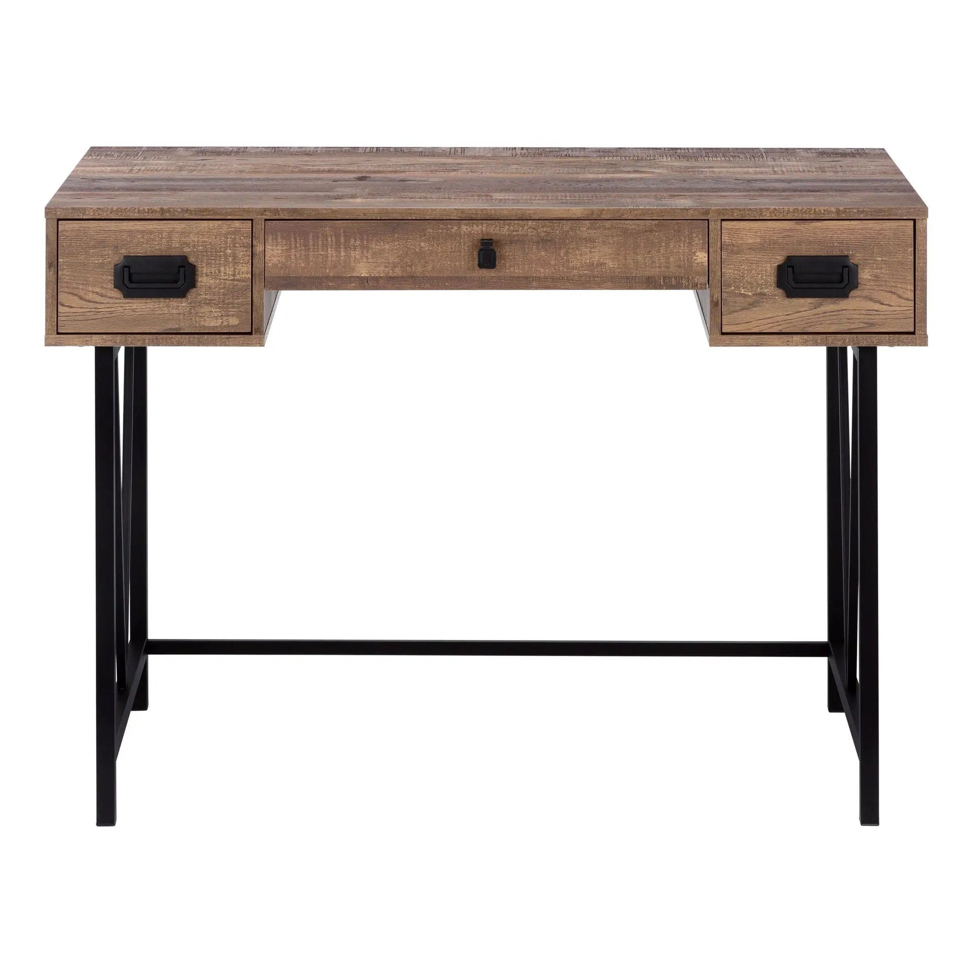 Writing desk with wood grain finish, three drawers and black metal pulls for a home office setup on Tampa Home & Garden Store