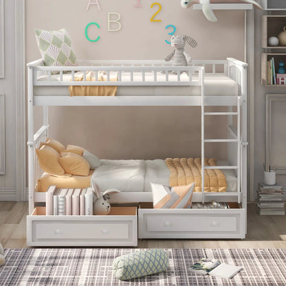 White twin-over-twin bunk bed with two built-in drawers, convertible design on Tampa Home & Garden Store