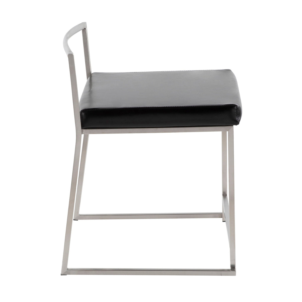 Contemporary stackable dining chair with metal frame and black faux leather seat on Tampa Home & Garden Store