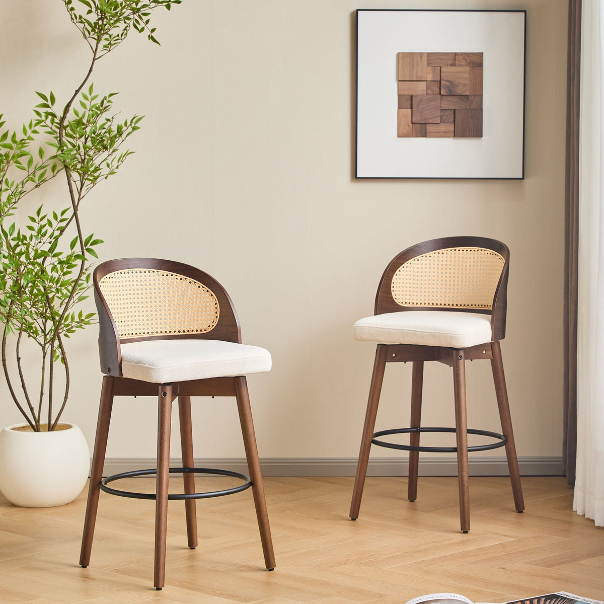 Como Indoor Wood Barstools set of 2 with rattan backrest beige cushions on Tampa Home & Garden Store