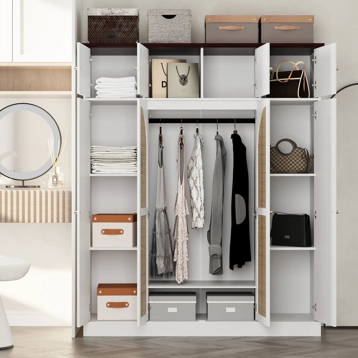8-Door Armoire with adjustable shelves and hanging rod, white interior stores clothes and bags on Tampa Home & Garden Store