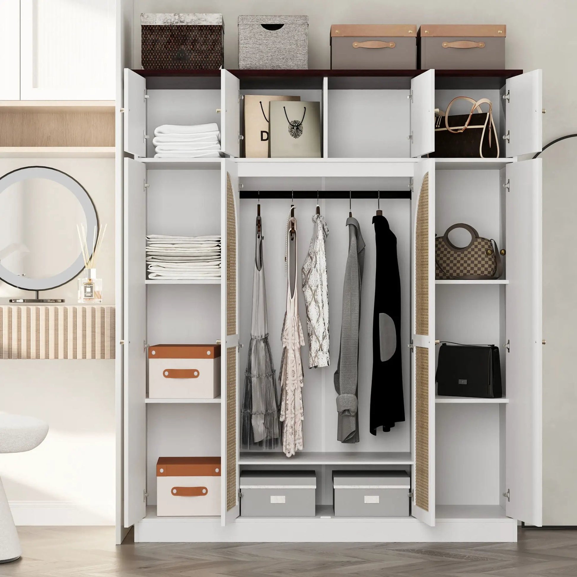 8-Door Armoire with adjustable shelves and hanging rod, white interior stores clothes and bags on Tampa Home & Garden Store