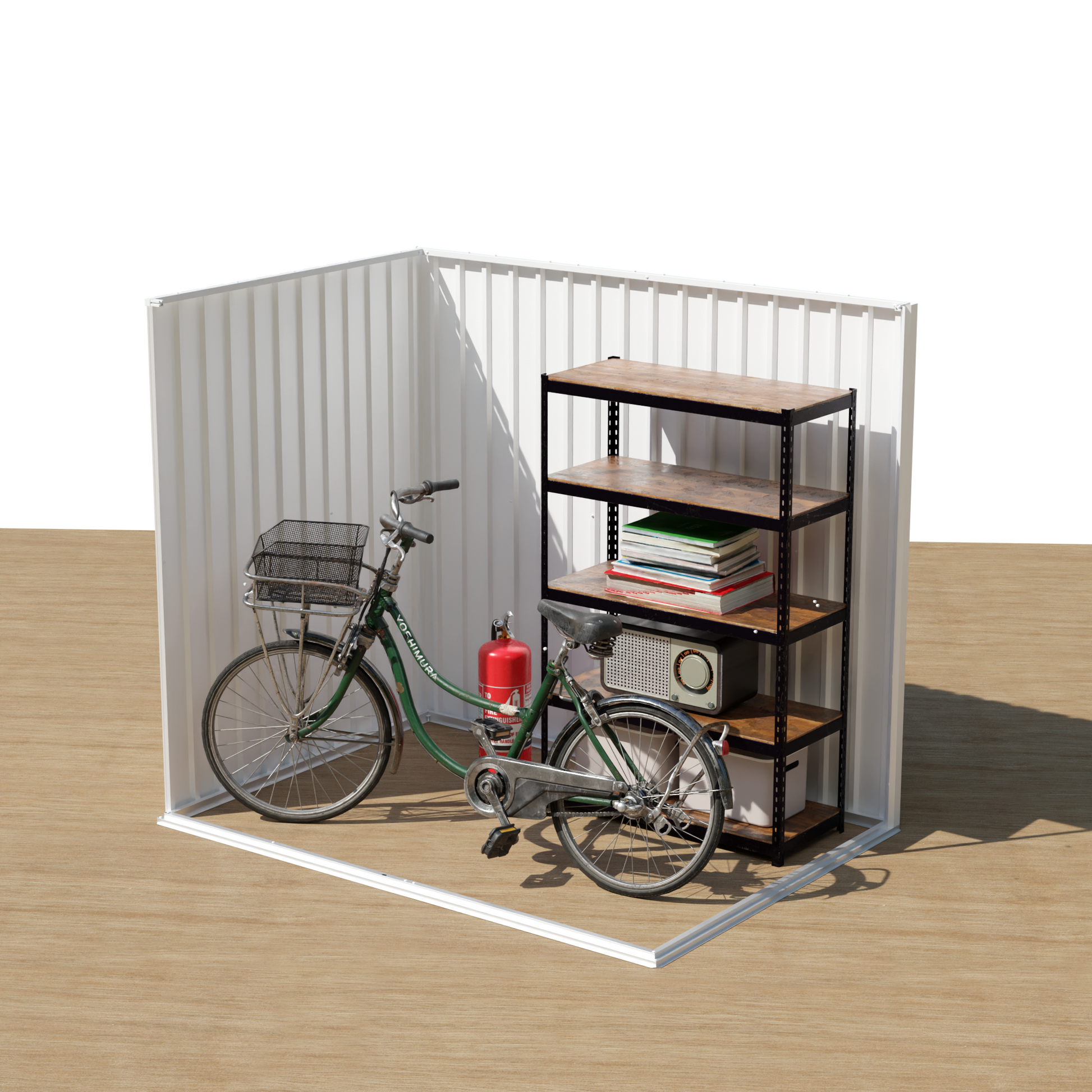 6x4 ft metal garden shed interior with hinge door, pent roof and wooden shelving on Tampa Home & Garden Store