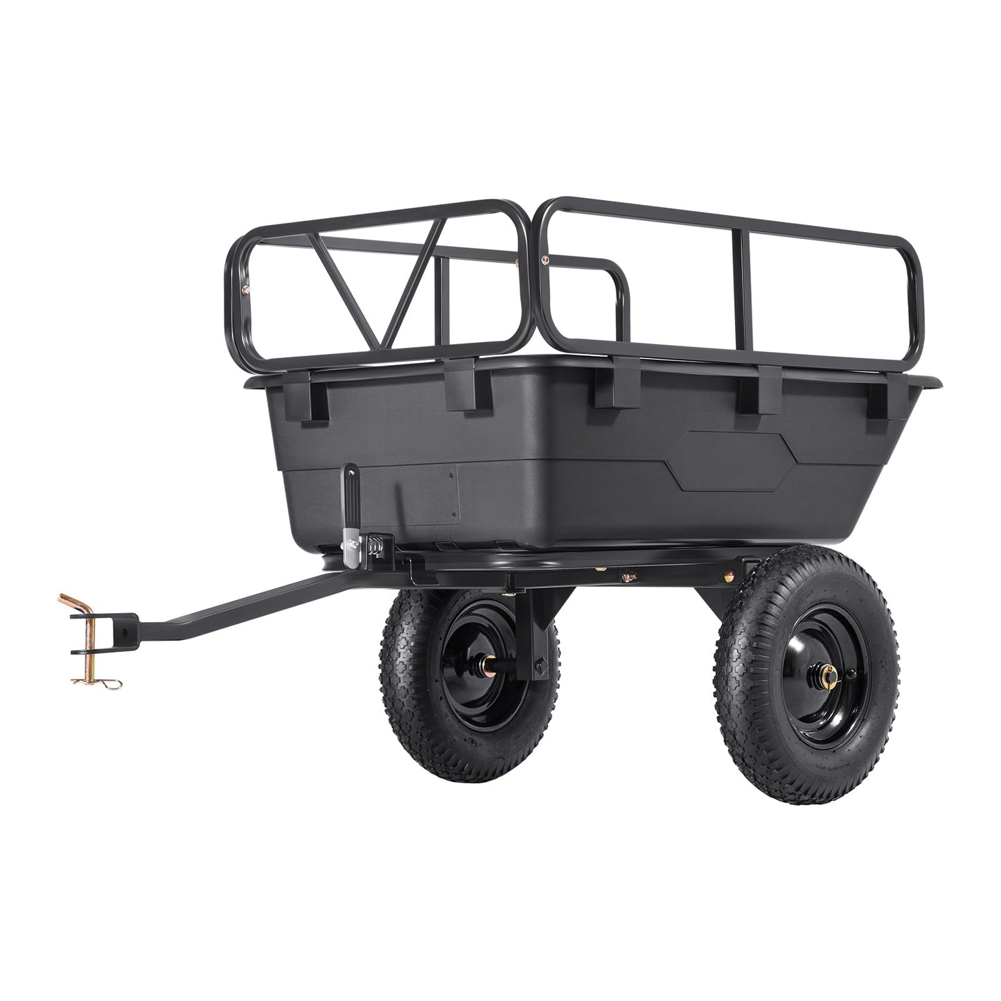 Dump trailer 500 lb capacity, 10 cu ft plastic bed with black rails, tow-behind garden ATV cart on Tampa Home & Garden Store