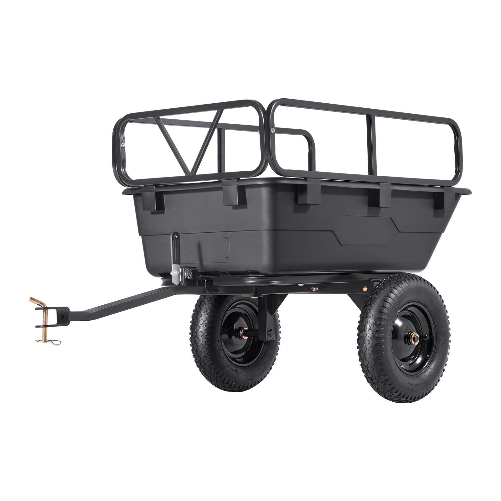 Dump trailer 500 lb capacity, 10 cu ft plastic bed with black rails, tow-behind garden ATV cart on Tampa Home & Garden Store